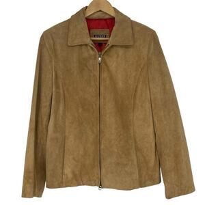 GUESS Vintage Y2K Camel Tan Suede Zippered Jacket Red Lining